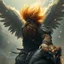 Placeholder: air is charged with magic around a bird rider with wings and beard and hair is full of feathers