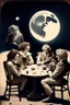 Placeholder: Captain Janeway, Einstein, Leonardo Davinci, Plato, and Amelia Earhart playing cards while drinking coffee sitting on the surface of the moon with Earth in the background