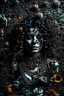 Placeholder: abstract creation of a beautiful girl with black curly hair, surrounded by black roses, thick metal chain broken, glass petals on the ground, autumn colours,dried out thorn bush, chaos,