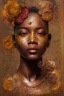 Placeholder: an abstract painting of rusted metal and flowers, african portrait, rust, scaffolding, iron cladding, decay, mixed media, textured, anatomically correct, beautiful perfect face, sharp focus, highly detailed