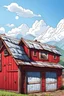 Placeholder: video game cartoon image art of a red barn with a blue sky and the sun and clouds with mountain in the background