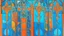 Placeholder: semi-abstract painting, triptych with 3 gothic_arab gates in blue, turquoise and orange