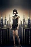Placeholder: full body picture of a skinny woman with a bob, a fringe black hairstyle, 1920s flapper clothing, futuristic city background