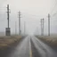 Placeholder: An empty road on a misty day. Telegraph poles and wires. Muted tones. Tilted horizon. With blotches, blurry areas and lens noise and grain. Hyper realistic Photo 4k