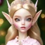 Placeholder: close up on elf as dollie deluxe, bright eyes, post card, toy train, front teeth, skin imperfection, princess tiara