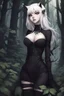 Placeholder: CAT GIRL, goth, forest, nature, cartoon, leaves, half black half white hair, boobs