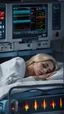 Placeholder: photorealistic hyperdetailed very small young woman with blonde hair lying asleep on a hospital large bed with a heart monitor and tubes attached