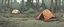 Placeholder: campsite, tents, overgrown, post-apocalyptic, comic book, forest