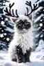 Placeholder: Create a white black Fluffy reindeer Mixed with a kitten in the Snow playing in the background is snowing