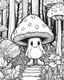 Placeholder: ute kawaii big mushroom person, colouring book page. simple and clean line art, adult drawing book. Black and white only, crisp black lines, sharp lines, , cartoon style, forest bushes background, black and white picture, lots of details, trending on artstation, sharp focus, studio photo, intricate details, highly detailed, by greg rutkowski, full body