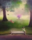 Placeholder: park mystical dream, park bench, man, woman, child, dog, trees, path, bird, sunshine, mystical, fantasy, romanticism, pastel colors, daylight, daytime, acrylic painting, detailed, soft focus,