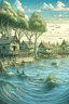 Placeholder: un mar turbulento en el que flotan árboles y casas un verano soleado al mediodía y muchos animales acuáticos en las profundidades donde llegan rayos de luz muy tenue vista en corte tal modo de un manual escolar
