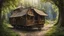 Placeholder: Medieval gothic Two-story, wooden gipsy caravan on a pathway in dense woodland