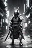 Placeholder: samurai robot in black and white cloak in a cyberpunk environment