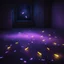 Placeholder: Hyper Realistic glowing-fireflies with purple neon floor in a dark room