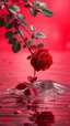 Placeholder: The image is a digital artwork that depicts a branch of tree of Red roses and red leaves tangling in to a water in the river with aThe rose floats on the surface of the water, creating a wave-like effect. The background is red , which makes a branch of a tree of red roses stand out even more. Water droplets are scattered adding to the dreamy, ethereal quality of the image.all leaves and background are red