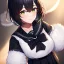 Placeholder: Clear focus, High resolution, fluffy black short hair, dark green eyes, wearing a black sailor uniform and pleated black skirt, fluffy hair, detailed outfit, wearing red makeup