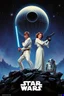 Placeholder: stars nebula and the Death Star large at top, in front in poses from the original star wars posters is Luke Skywalker with lightsaber and Princess Leia Organa with upward pointing raygun both in white clothing atop crumbling stone and droid parts c3po r2d2