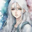 Placeholder: a close-up headshot of a young woman with long white hair, light silver eyes, skinny, sickly complexion, shy demeanor, anime style, intricately detailed, colored sketchy manga style, splotchy watercolor background