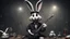 Placeholder: photorealistic deppressed dark melancholic sad Bugs bunny with blackeye deppressed doing music rock and roll dark heavy metal on a scene alcoholic, ciggaretes sad sad sad ciggarets