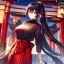 Placeholder: girl, masterpiece, best quality, volumetric lighting, detailed outfit, perfect eyes, long hair, black hair, red eyes, hakama, ponytail, shrine,