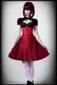 Placeholder: skinny goth woman in a short pleated skirt, white stockings, red corset, dark red hair with bangs
