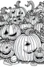 Placeholder: A spooky pumpkin patch with Jack-o'-lanterns of different sizes and expressions.. Outline, sketch style, only use outline, mandala style, clean line art, white background, no shadows, no clear wall, coloring page.