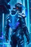 Placeholder: cyberpunk, neon blue, high technology, geometric figures, orbiting figures, cyberpunk suit, black and blue, epic, rain, neon blue suit, geometric figures orbiting around suit, exosuit, male