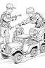 Placeholder: Outline art for coloring page OF A BOY PLAYING WITH A 1940'S TOY SET OF FOUR SMALL AMERICAN PLASTIC TOY ARMY SOLDIERS, coloring page, white background, Sketch style, only use outline, clean line art, white background, no shadows, no shading, no color, clear