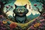 Placeholder: Cheshire Cat in a surreal landscape with trees of strange shapes, and flowers of all kinds in the style of Max Ernst and Ravi Zupa