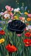 Placeholder: A black rose in the middle of blooming garden of poppies and iris Painting in Bosch painting art style painted by Patrick heron , source pinterest , singulart or devian art
