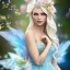 Placeholder: Fantasy fairy with transparent wings, smiling, make up, long platinum blond hair with crown and flowers, blue dress, flowering background