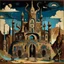 Placeholder: A dark brown palace with swords in a desert designed in cave paintings painted by Wassily Kandinsky