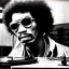 Placeholder: a realistic portrait of Jimi Hendrix at a turntable with headphones on being a DJ, vivid color, with sunglasses