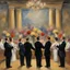 Placeholder: from perspective behind, the Four Tenors taking bows on stage at the Met opera house, high society black tie affair, opera motifs and aesthetic, impressionist painting by Renoir, loose brush strokes, colorful, dramatic, bouquets of flowers being thrown