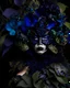 Placeholder: Beautiful venetian black orchid flower and black hydrangeaa and black mollusk shell colour bioluminescense black orchidl flower carnival style voidcore shamanism masquerade woman portrait adorned with black hydrangea and black and oil blue and malachite colour mineral stone ribbed headdress and black orchid foral leaves botanical black hydrangea metallic filigree masque venetian rennaisace mollusk shell colour extremely detailed hyperrealistic portrait art