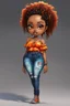 Placeholder: create a colorful digital urban culture art image 8k of a chibi curvy black female wearing torn jeans pants and a orange tie dye off the shoulder blouse. Prominent make up with hazel eyes. Highly detailed long tight curly PONYTAIL