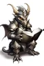 Placeholder: small dragon-like creature, grey diamond - shaped scales, magic book, leather armor