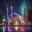 Placeholder: Hyper Realistic rainbow textured Mosque at beautiful rainy night with decorative lights