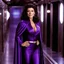 Placeholder: youthful Marina Sirtis as Deanna Troy in a purple velvet suit with a short cape: she's in the corridor of an Empire Star Destroyer