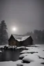 Placeholder: old cabin in a snow storm at night by a lake