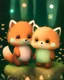 Placeholder: Two fuzzy boys in the forest with big cute heads, small body. Fox tails and ears. Brown pants. Big sparkly glass eyes. Soft baby pastel colours. Fuzzy and hairy. Sparkles around. Green and orange sweet colours. sparkles. Soft toys. Happy.