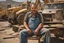 Placeholder: photography of a marocan ugly burly serious wet sweaty, beefy strong fat carpenter, shirtless, in overall, bulge, manly chest, big salt-and-pepper mustache 52 years old, short hair, sitting with open legs on a little chair , on a construction site in the middle of a road, under the August sun, angry eyes, , hyper-realistic, photorealistic , frontal view from the ground