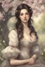 Placeholder: Beautiful Girl in the garden, 18 century, brunette, literally dark hair, dark eyes, fat, smell of sakura, rest, detailed face, england, she is staying under the tree