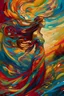 Placeholder: The image features a woman with long hair, who appears to be a statue or a painting, with a flowing dress. She is the main focus of the scene, and her hair is blowing in the wind, giving her a dynamic and lively appearance. The background of the image is filled with a colorful, abstract design, which adds to the overall artistic and visually striking nature of the scene. The combination of the woman's flowing dress and the vibrant background creates a captivating and unique visual experience.