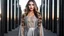 Placeholder: very beautiful model lady with makeup and beautiful modern fashion midi pleated velvet dark silver lace skirt with lace edges and modern loose lace top with a loose over, curvy silver long hair, standing in a modern city open satge with 8 cubic mirrors(each with 4 equal hight and equal width, vertical mirror), each vertical on its own short rotating base. with some small lights on crystal frames, on roof of a skyscraper with city escape at background, with animating dynamic lights with high