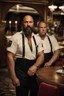 Placeholder: half figure shot photography of a 42 years old serious sicilian waiter in uniform, similar to Bud Spencer, shaved hair, muscular bearded strong chubby man with hands in the pockets, in an elegant empty restaurant, bulge, bullneck, manly chest, unshaved, short hair, photorealistic, dim light , side light, view from the ground