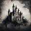 Placeholder: A castle in a Hyper Realistic Aerial Grungy Dark-Grey Brush strokes on a dark rustic background with charcoals