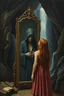 Placeholder: a woman standing in front of a mirror with reflection of her as dark hooded creature in the mirror, in the dark cave with waterfalls in the background, Bosch painting style