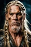 Placeholder: portrait of a 60-year-old viking , long blond hair with Two braids hung down neatly in front of his ears. Rugged face with a scar. blonde beard, fantasy